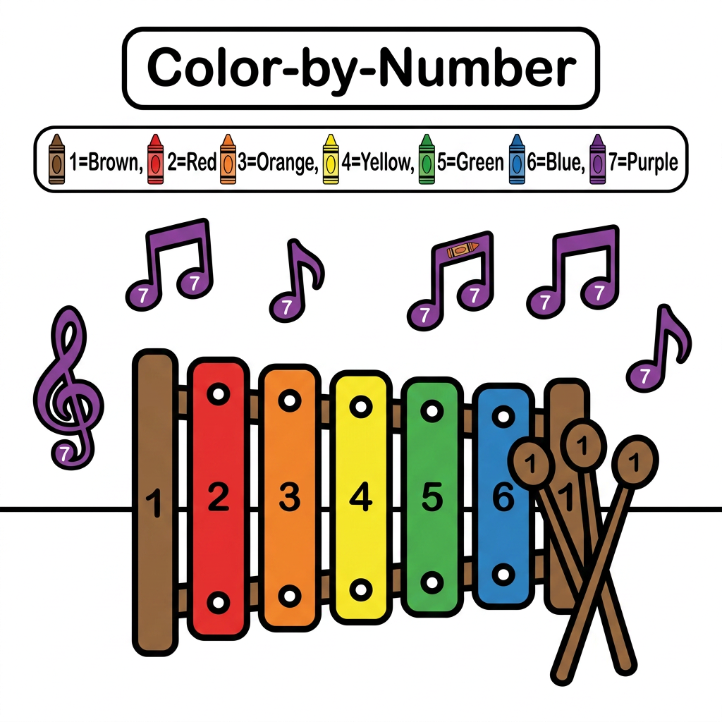 AI Design for Create a black and white Color-by-Number activity page for children ages 3–6 featuring a cute xylophone with colorful music notes around it. The illustration should have large simple coloring sections labeled with numbers . Include a color key with crayon colors. Use thick bold outlines, large easy-to-color spaces, simple preschool-friendly cartoon style, educational worksheet design, white background, no shading, high contrast, printable 8.5 x 11 inch page, suitable for an Amazon KDP activity book.