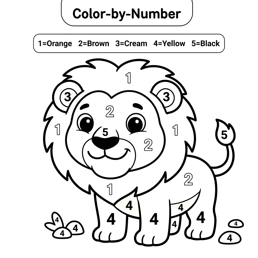 AI Design for Create a black and white Color-by-Number activity page for children ages 3–6 featuring a cute lion. The lion should have large simple coloring sections labeled with numbers.Use thick bold outlines, large coloring spaces, simple preschool-friendly cartoon style, educational worksheet design, white background, no shading, high contrast.