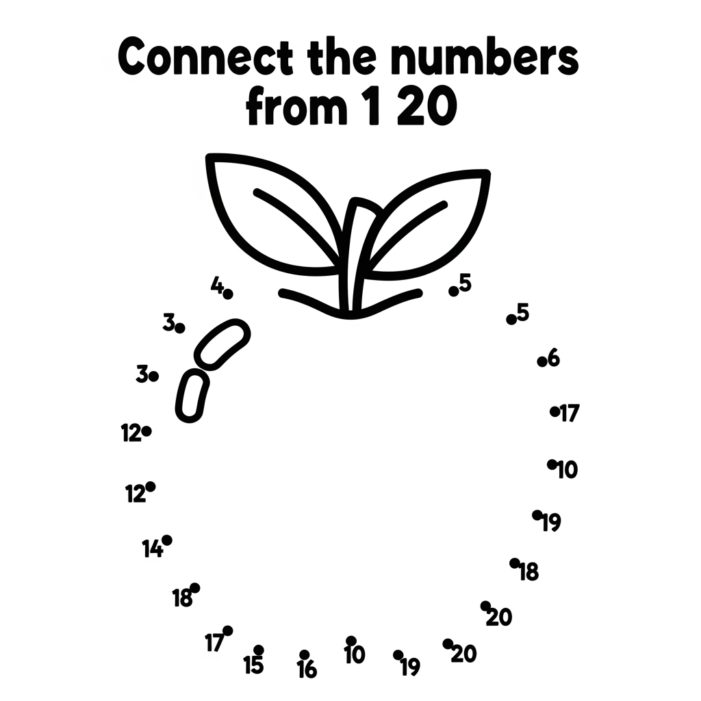 AI Design for Create a black and white connect-the-dots activity page for ages 3–6. Dots numbered 1–20 form a cute apple. Large clear numbers, evenly spaced dots, bold outlines revealed after connecting. Include instruction: "Connect the numbers from 1 to 20." Printable preschool worksheet style, clean white background, simple design, large elements, no shading, high contrast.