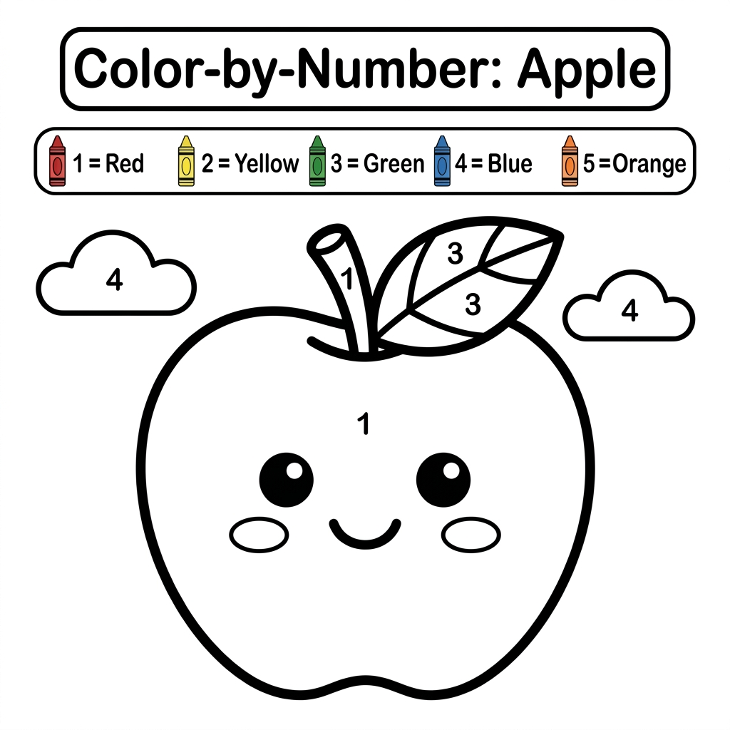 AI Design for Create a black and white Color-by-Number activity page for children ages 3–6 featuring a cute smiling apple. The zebra should have large simple coloring sections labeled with numbers . Include a color key with crayon colors. Use thick bold outlines, large easy-to-color spaces, simple preschool-friendly cartoon style, educational worksheet design, white background, no shading, high contrast, printable 8.5 x 11 inch page, suitable for an Amazon KDP activity book.