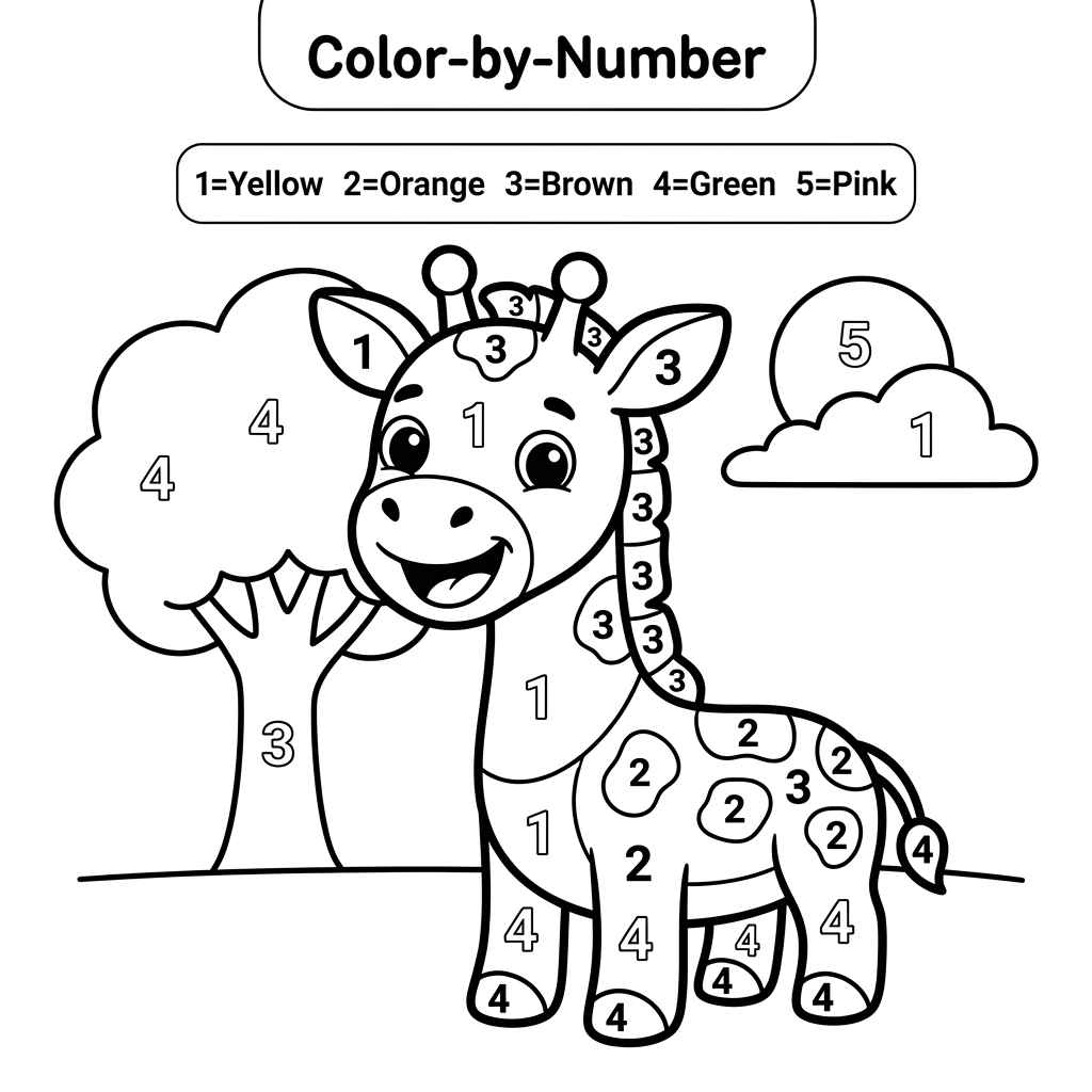 AI Design for Create a black and white Color-by-Number activity page for children ages 3–6 featuring a cute smiling giraffe. The giraffe should have large simple coloring sections labeled with numbers. . Use thick bold outlines, large coloring spaces, simple preschool-friendly cartoon style, educational worksheet design, white background, no shading, high contrast.