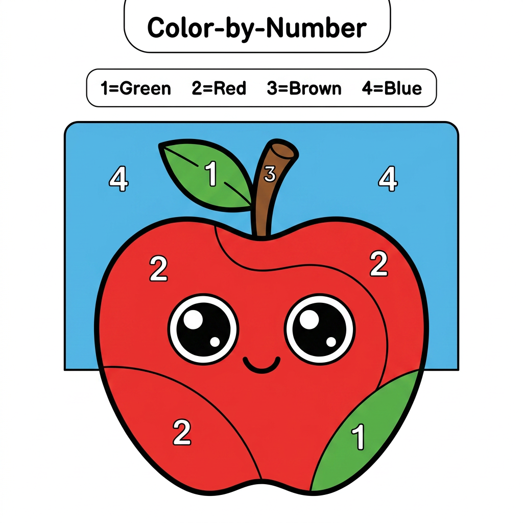 AI Design for Create a Color-by-Number worksheet for ages 3–6 featuring a cute apple. Large numbered sections, thick black outlines, simple design, easy coloring areas, color key at the top, printable children's activity book page, white background.