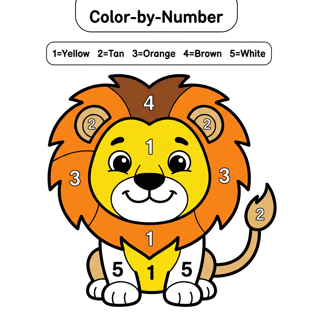 AI Design for Create a black and white Color-by-Number activity page for children ages 3–6 featuring a cute lion. The lion should have large simple coloring sections labeled with numbers. . Use thick bold outlines, large coloring spaces, simple preschool-friendly cartoon style, educational worksheet design, white background, no shading, high contrast.