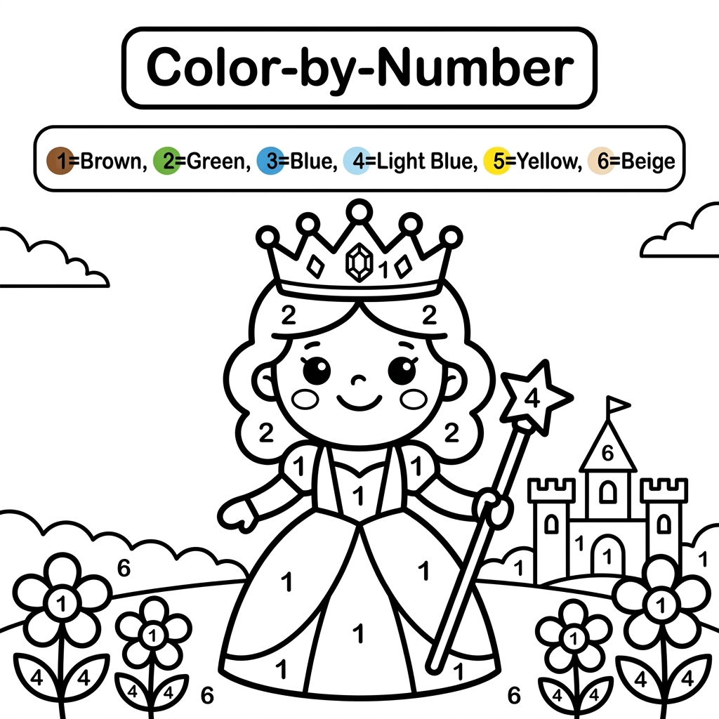 AI Design for Create a black and white Color-by-Number activity page for children ages 3–6 featuring a cute queen. Large simple coloring sections with numbers. Include a color key with crayon colors. Thick bold outlines, large coloring spaces, simple preschool-friendly design, educational worksheet style, white background, printable 8.5 x 11 inch page, no shading, high contrast, suitable for Amazon KDP.