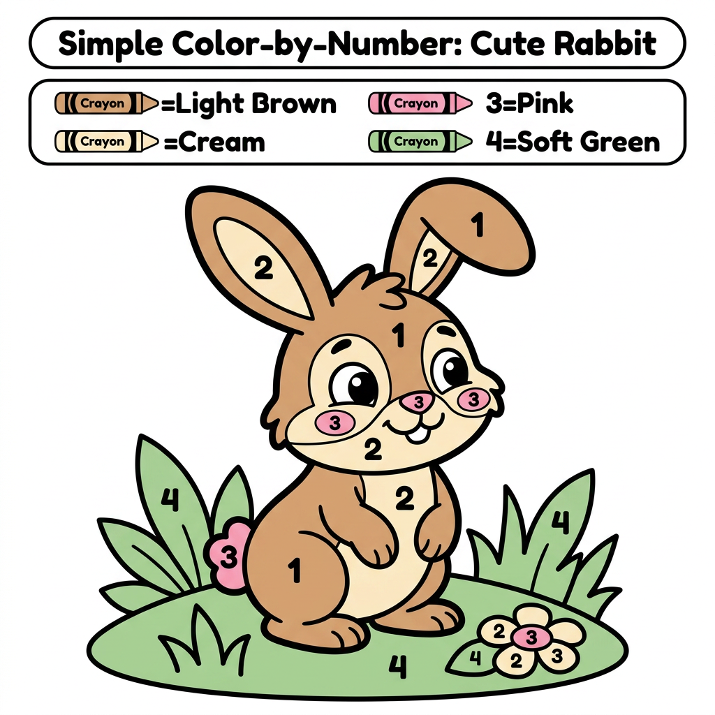 AI Design for Create a black and white Color-by-Number activity page for children ages 3–6 featuring a cute rabbit. Large simple coloring sections with numbers. Include a color key with crayon colors. Thick bold outlines, large coloring spaces, simple preschool-friendly design, educational worksheet style, white background, printable 8.5 x 11 inch page, no shading, high contrast, suitable for Amazon KDP.