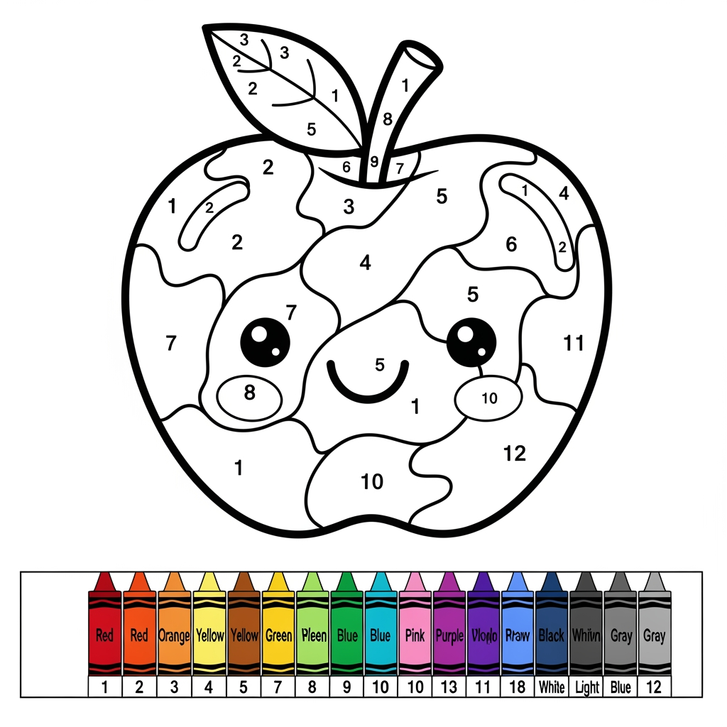 AI Design for Create a black and white Color-by-Number activity page for children ages 3–6 featuring a cute smiling apple. The zebra should have large simple coloring sections labeled with numbers 1–12. Include a color key with 12 crayon colors. Use thick bold outlines, large easy-to-color spaces, simple preschool-friendly cartoon style, educational worksheet design, white background, no shading, high contrast, printable 8.5 x 11 inch page, suitable for an Amazon KDP activity book.