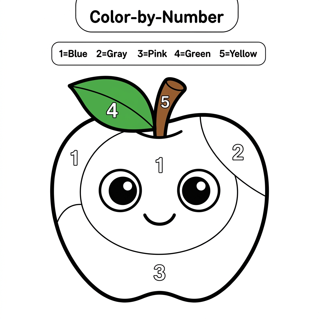 AI Design for Create a Color-by-Number worksheet for ages 3–6 featuring a cute apple. Large numbered sections 1–5, thick black outlines, simple design, easy coloring areas, color key at the top, printable children's activity book page, white background.
