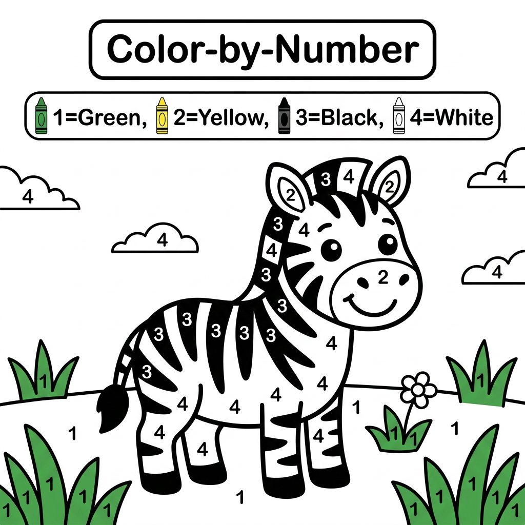 AI Design for Create a black and white Color-by-Number activity page for children ages 3–6 featuring a cute smiling zebra standing in a simple grass field. The zebra should have large simple coloring sections labeled with numbers . Include a color key with  crayon colors. Use thick bold outlines, large easy-to-color spaces, simple preschool-friendly cartoon style, educational worksheet design, white background, no shading, high contrast, printable 8.5 x 11 inch page, suitable for an Amazon KDP activity book.