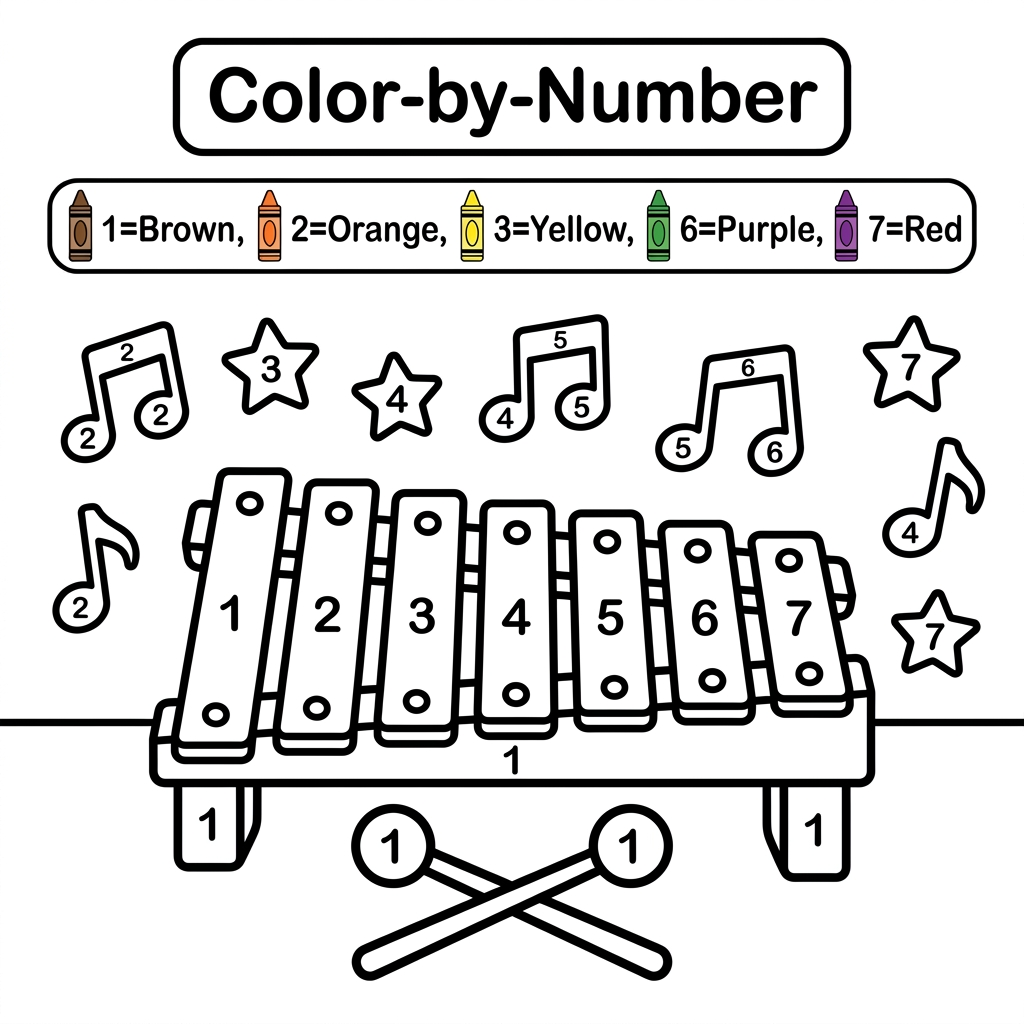 AI Design for Create a black and white Color-by-Number activity page for children ages 3–6 featuring a cute xylophone with colorful music notes around it. The illustration should have large simple coloring sections labeled with numbers . Include a color key with crayon colors. Use thick bold outlines, large easy-to-color spaces, simple preschool-friendly cartoon style, educational worksheet design, white background, no shading, high contrast, printable 8.5 x 11 inch page, suitable for an Amazon KDP activity book.