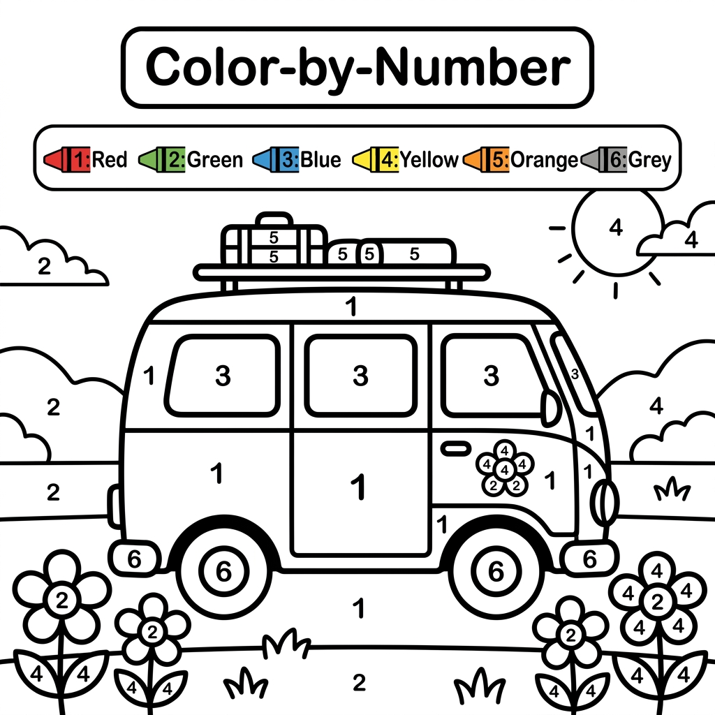 AI Design for Create a black and white Color-by-Number activity page for children ages 3–6 featuring a cute van. The illustration should have large simple coloring sections labeled with numbers . Include a color key with crayon colors. Use thick bold outlines, large easy-to-color spaces, simple preschool-friendly cartoon style, educational worksheet design, white background, no shading, high contrast, printable 8.5 x 11 inch page, suitable for an Amazon KDP activity book.