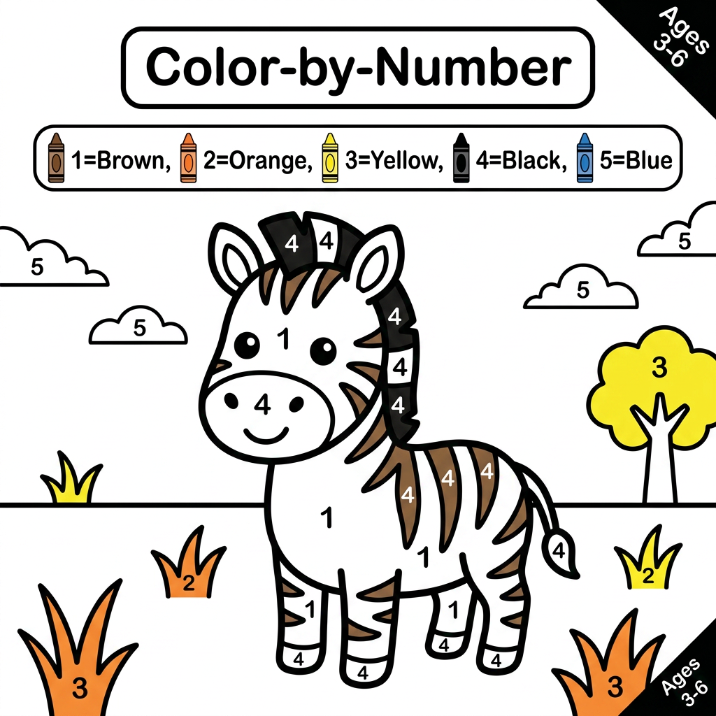 AI Design for Create a black and white Color-by-Number activity page for children ages 3–6 featuring a cute smiling zebra standing in a simple grass field. The zebra should have large simple coloring sections labeled with numbers . Include a color key with  crayon colors. Use thick bold outlines, large easy-to-color spaces, simple preschool-friendly cartoon style, educational worksheet design, white background, no shading, high contrast, printable 8.5 x 11 inch page, suitable for an Amazon KDP activity book.