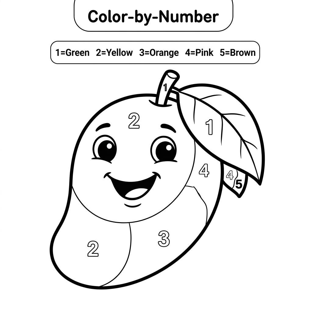 AI Design for Create a black and white Color-by-Number activity page for children ages 3–6 featuring a cute mango. The mango should have large simple coloring sections labeled with numbers with light.Use thick bold outlines, large coloring spaces, simple preschool-friendly cartoon style, educational worksheet design, white background, no shading, high contrast.