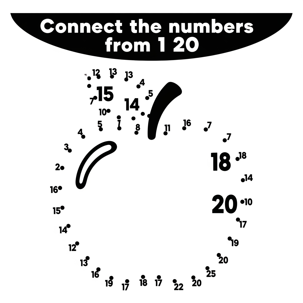 AI Design for Create a black and white connect-the-dots activity page for ages 3–6. Dots numbered 1–20 form a cute apple. Large clear numbers, evenly spaced dots, bold outlines revealed after connecting. Include instruction: "Connect the numbers from 1 to 20." Printable preschool worksheet style, clean white background, simple design, large elements, no shading, high contrast.