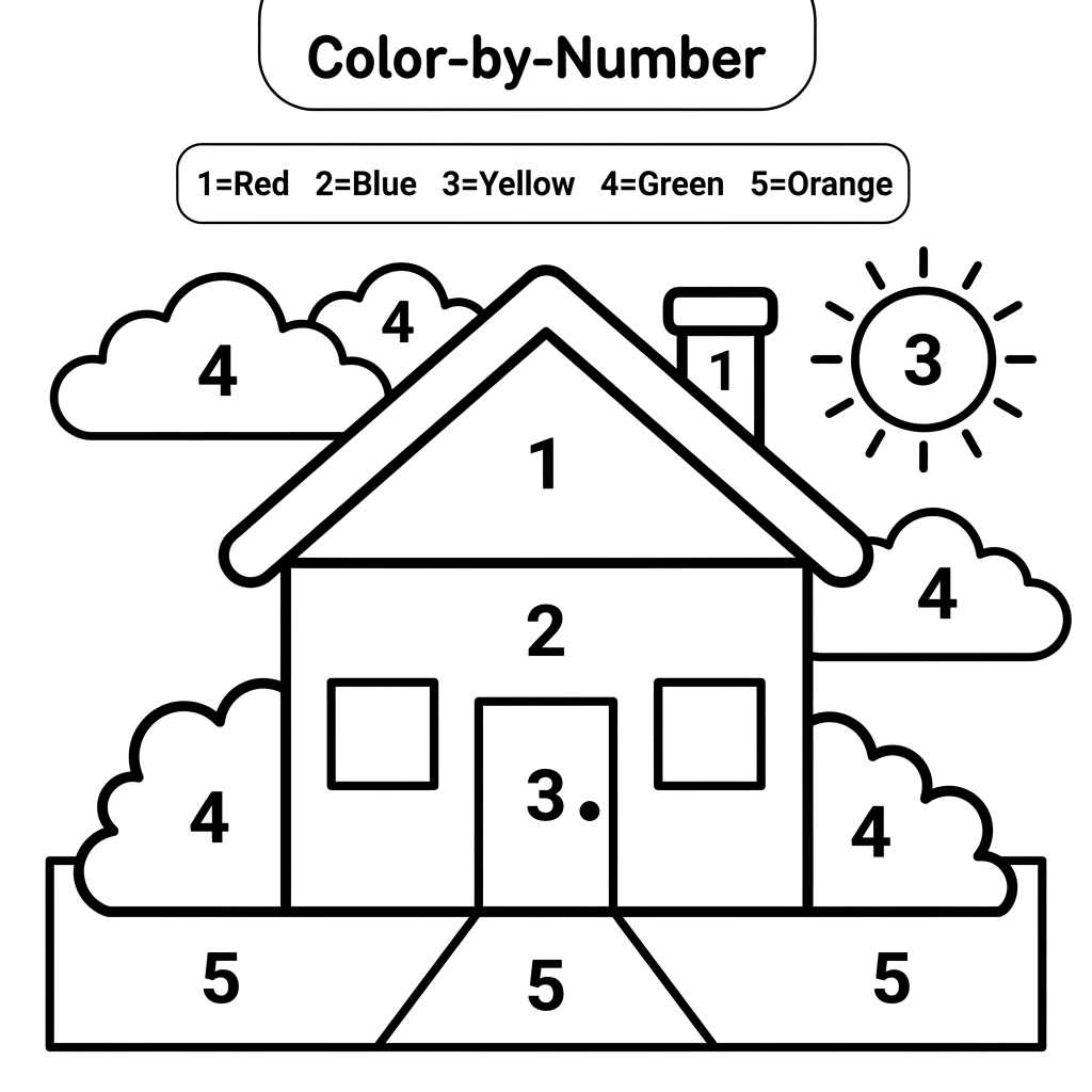 AI Design for Create a black and white Color-by-Number activity page for children ages 3–6 featuring a cute house. The house should have large simple coloring sections labeled with numbers. . Use thick bold outlines, large coloring spaces, simple preschool-friendly cartoon style, educational worksheet design, white background, no shading, high contrast.