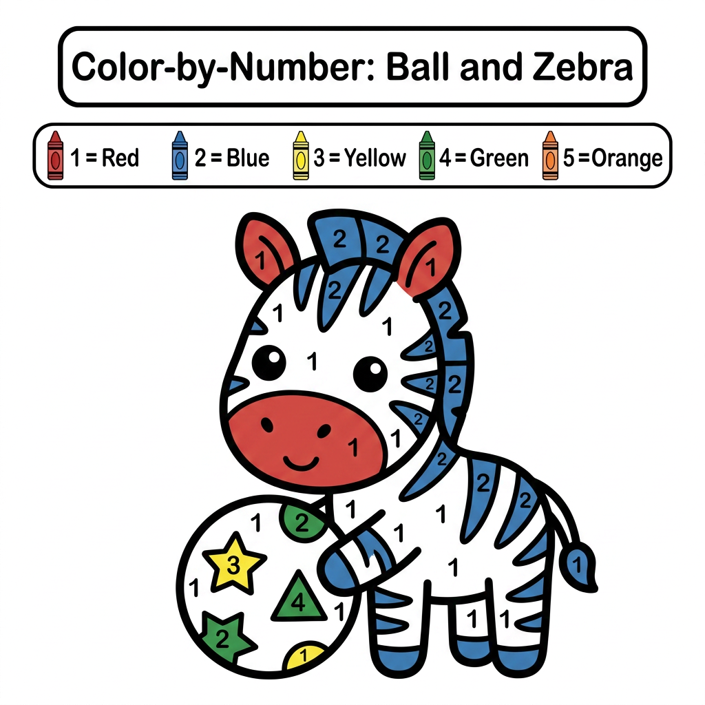 AI Design for Create a black and white Color-by-Number activity page for children ages 3–6 featuring a cute ball. The zebra should have large simple coloring sections labeled with numbers . Include a color key with crayon colors. Use thick bold outlines, large easy-to-color spaces, simple preschool-friendly cartoon style, educational worksheet design, white background, no shading, high contrast, printable 8.5 x 11 inch page, suitable for an Amazon KDP activity book.