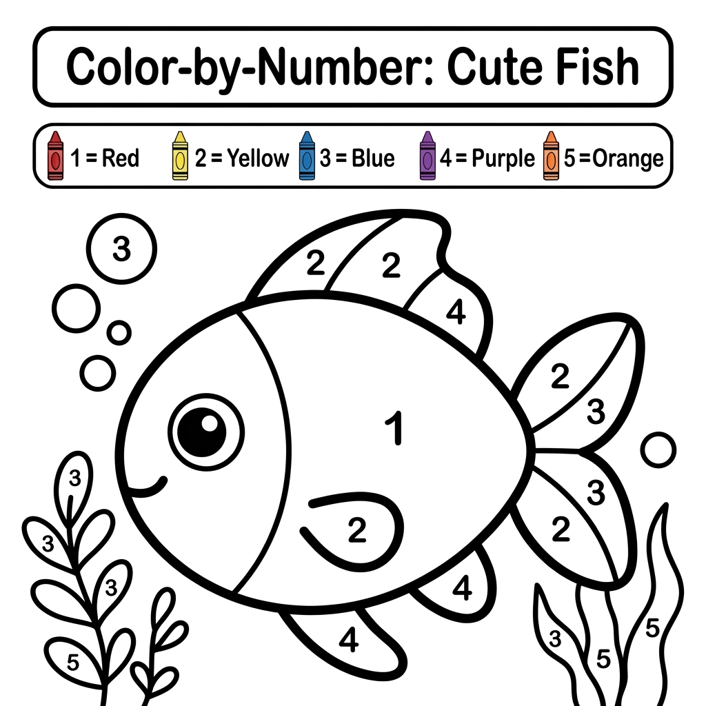 AI Design for Create a black and white Color-by-Number activity page for children ages 3–6 featuring a cute fish. The fish should have large simple coloring sections labeled with numbers . Include a color key with crayon colors. Use thick bold outlines, large easy-to-color spaces, simple preschool-friendly cartoon style, educational worksheet design, white background, no shading, high contrast, printable 8.5 x 11 inch page, suitable for an Amazon KDP activity book.