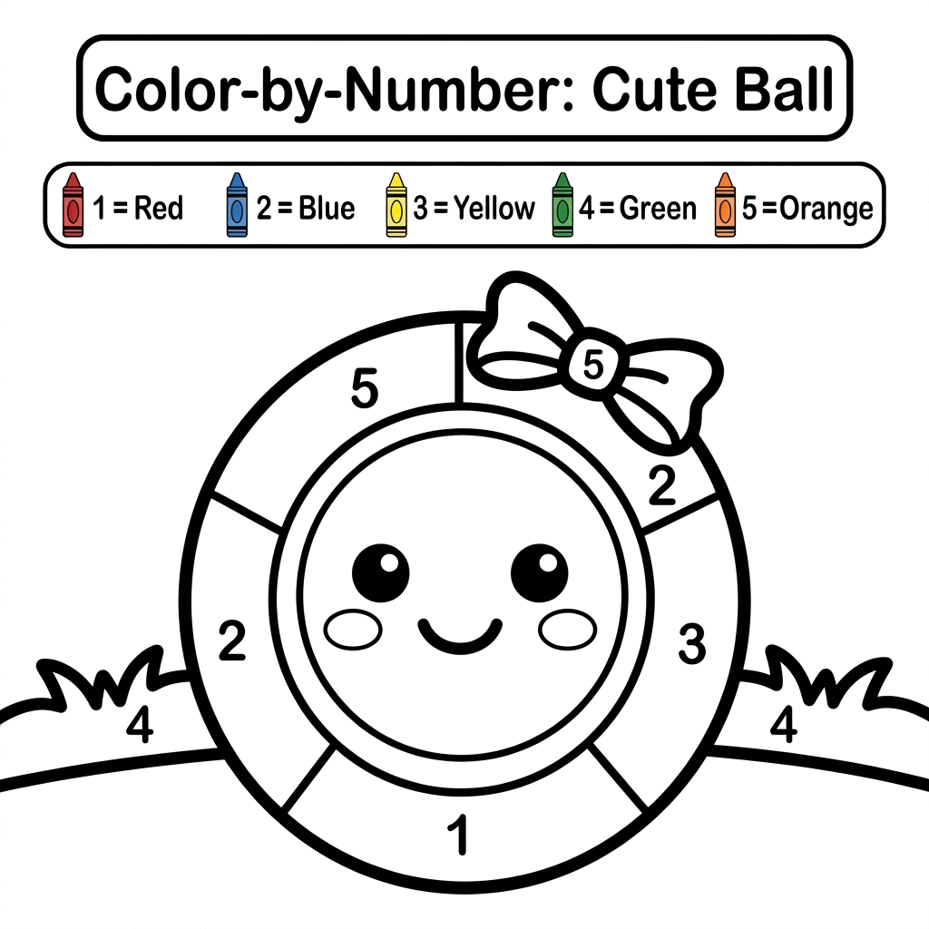 AI Design for Create a black and white Color-by-Number activity page for children ages 3–6 featuring a cute ball. The ball should have large simple coloring sections labeled with numbers . Include a color key with crayon colors. Use thick bold outlines, large easy-to-color spaces, simple preschool-friendly cartoon style, educational worksheet design, white background, no shading, high contrast, printable 8.5 x 11 inch page, suitable for an Amazon KDP activity book.