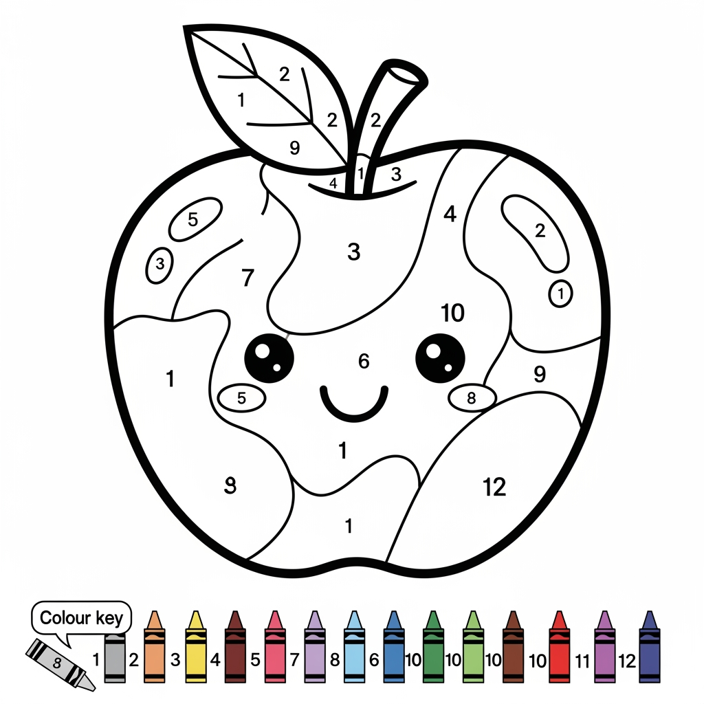 AI Design for Create a black and white Color-by-Number activity page for children ages 3–6 featuring a cute smiling apple. The zebra should have large simple coloring sections labeled with numbers 1–12. Include a color key with 12 crayon colors. Use thick bold outlines, large easy-to-color spaces, simple preschool-friendly cartoon style, educational worksheet design, white background, no shading, high contrast, printable 8.5 x 11 inch page, suitable for an Amazon KDP activity book.