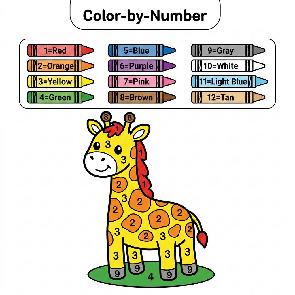 AI Design for Create a black and white Color-by-Number activity page for children ages 3–6 featuring a cute smiling giraffe. The giraffe should have large simple coloring sections labeled with numbers. Include a color key with 12 crayon colors. Use thick bold outlines, large coloring spaces, simple preschool-friendly cartoon style, educational worksheet design, white background, no shading, high contrast.