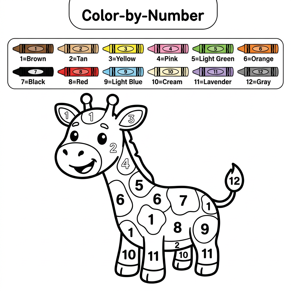 AI Design for Create a black and white Color-by-Number activity page for children ages 3–6 featuring a cute smiling giraffe. The giraffe should have large simple coloring sections labeled with numbers 1–12. Include a color key with 12 crayon colors. Use thick bold outlines, large coloring spaces, simple preschool-friendly cartoon style, educational worksheet design, white background, no shading, high contrast.