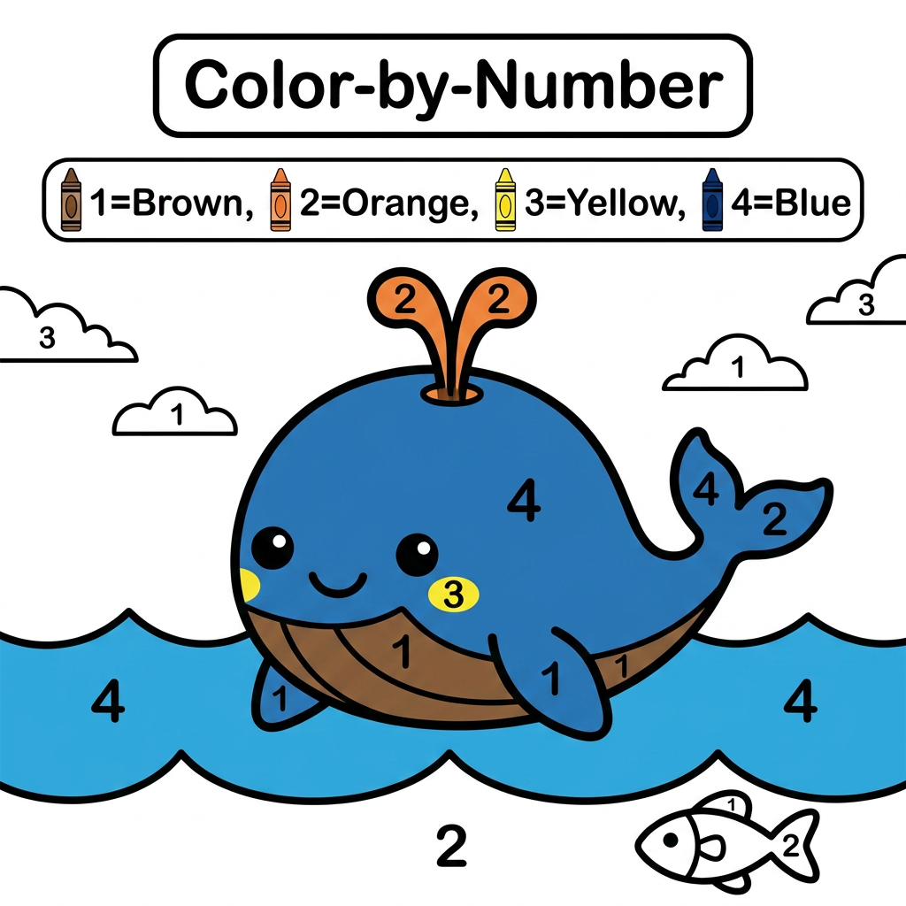 AI Design for Create a black and white Color-by-Number activity page for children ages 3–6 featuring a cute whale. The illustration should have large simple coloring sections labeled with numbers . Include a color key with crayon colors. Use thick bold outlines, large easy-to-color spaces, simple preschool-friendly cartoon style, educational worksheet design, white background, no shading, high contrast, printable 8.5 x 11 inch page, suitable for an Amazon KDP activity book.