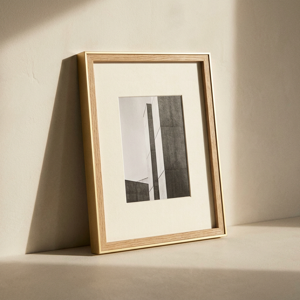 AI Design for A minimalist and elegant photo frame design featuring a sleek matte gold metallic finish and a subtle, textured wood grain inner border. The frame is displayed against a soft, neutral-toned wall with warm, diffused sunlight casting gentle shadows, emphasizing a sophisticated and contemporary aesthetic.