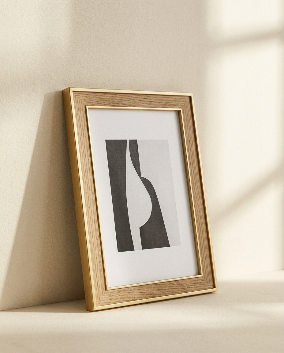 AI Design for A minimalist and elegant photo frame design featuring a sleek matte gold metallic finish and a subtle, textured wood grain inner border. The frame is displayed against a soft, neutral-toned wall with warm, diffused sunlight casting gentle shadows, emphasizing a sophisticated and contemporary aesthetic.