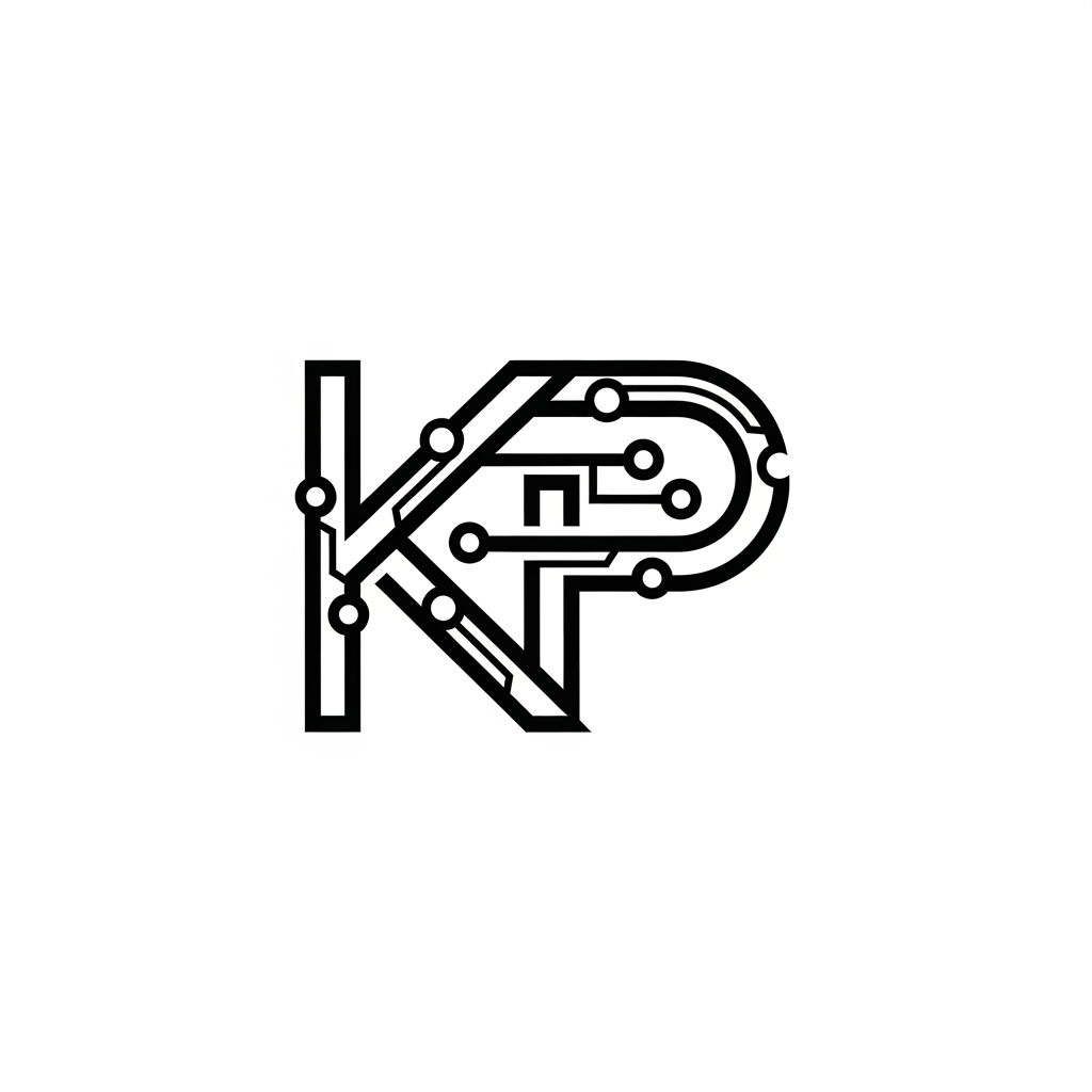 AI Design for Design a premium personal logo using the initials "KP" for Kavin Prashad. Minimalist monogram style, clean geometric lines, subtle AI and machine learning inspiration, modern tech aesthetic, professional and timeless, suitable for GitHub, portfolio website, LinkedIn, and resume branding. Vector logo, high contrast, black and white version, centered composition, elegant and memorable.