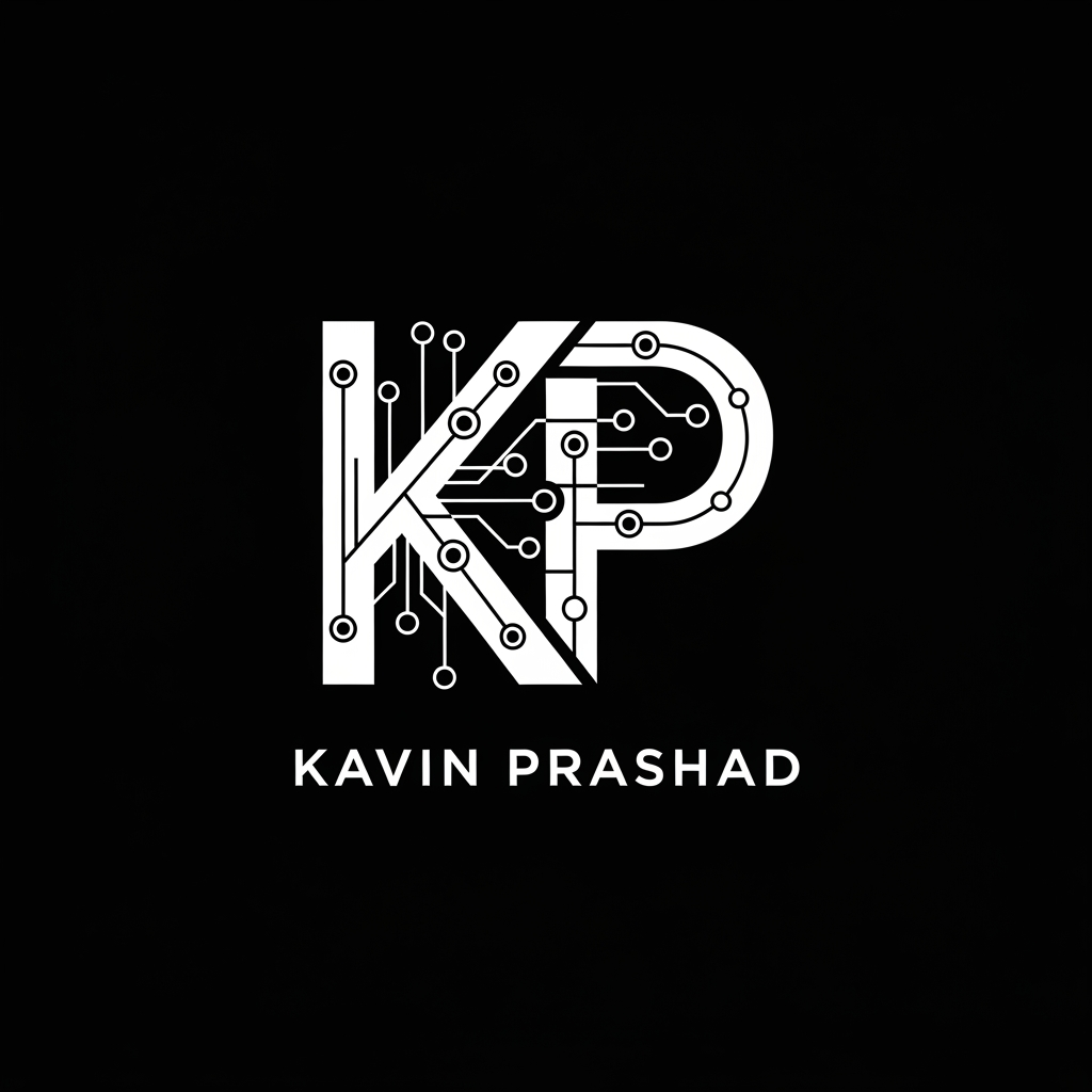 AI Design for Design a premium personal logo using the initials "KP" for Kavin Prashad. Minimalist monogram style, clean geometric lines, subtle AI and machine learning inspiration, modern tech aesthetic, professional and timeless, suitable for GitHub, portfolio website, LinkedIn, and resume branding. Vector logo, high contrast, black and white version, centered composition, elegant and memorable.with a black background and text in white