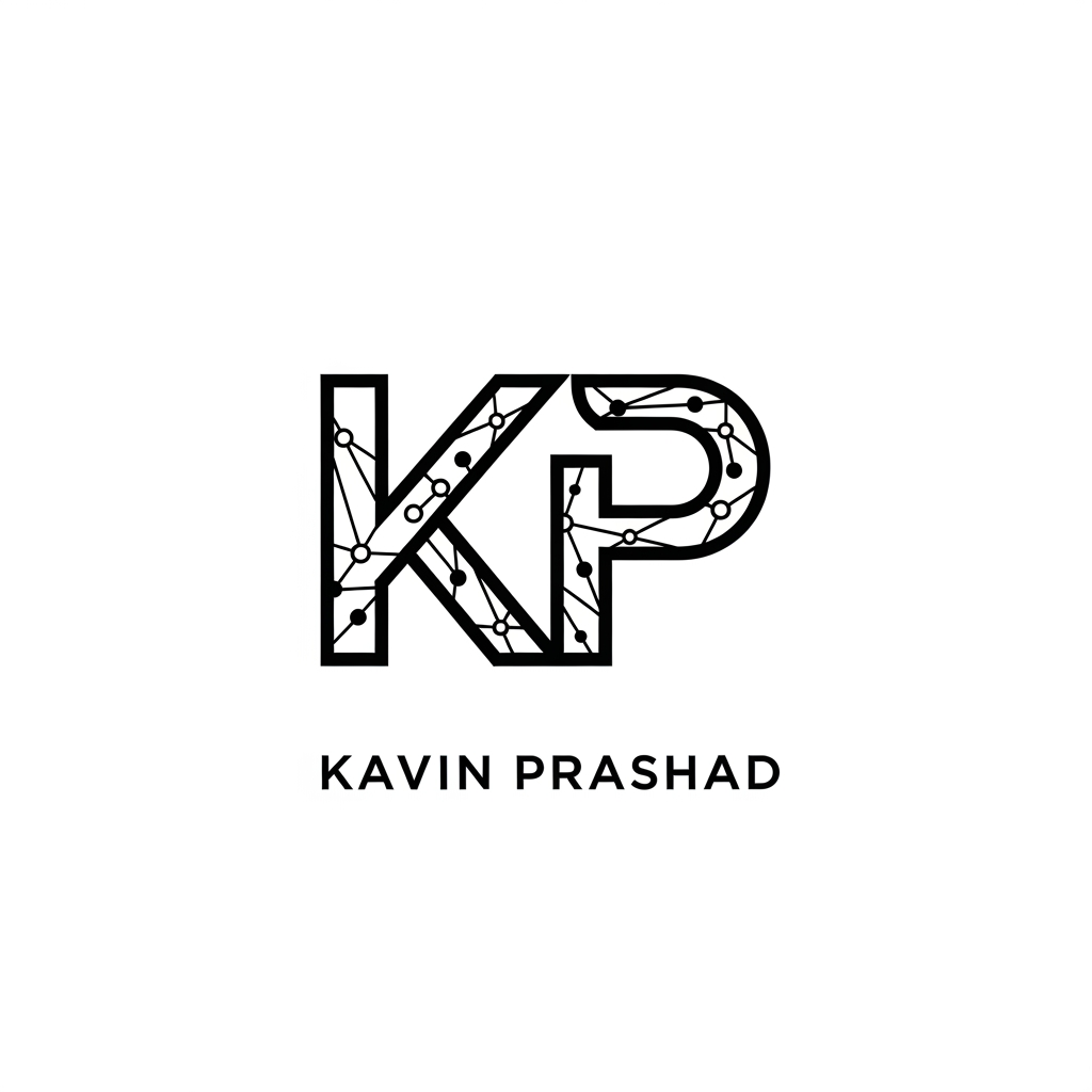 AI Design for Design a premium personal logo using the initials "KP" for Kavin Prashad. Minimalist monogram style, clean geometric lines, subtle AI and machine learning inspiration, modern tech aesthetic, professional and timeless, suitable for GitHub, portfolio website, LinkedIn, and resume branding. Vector logo, high contrast, black and white version, centered composition, elegant and memorable.