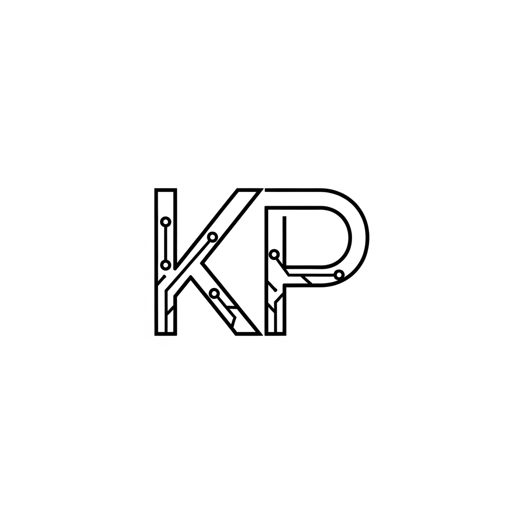 AI Design for Design a premium personal logo using the initials "KP" for Kavin Prashad. Minimalist monogram style, clean geometric lines, subtle AI and machine learning inspiration, modern tech aesthetic, professional and timeless, suitable for GitHub, portfolio website, LinkedIn, and resume branding. Vector logo, high contrast, black and white version, centered composition, elegant and memorable.