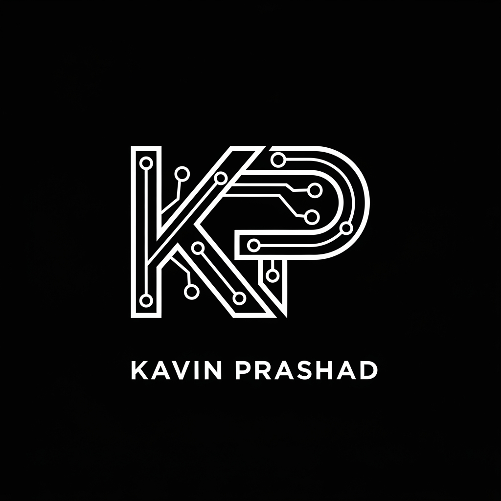 AI Design for Design a premium personal logo using the initials "KP" for Kavin Prashad. Minimalist monogram style, clean geometric lines, subtle AI and machine learning inspiration, modern tech aesthetic, professional and timeless, suitable for GitHub, portfolio website, LinkedIn, and resume branding. Vector logo, high contrast, black and white version, centered composition, elegant and memorable.with a black background and text in white