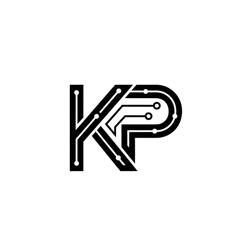 AI Design for Design a premium personal logo using the initials "KP" for Kavin Prashad. Minimalist monogram style, clean geometric lines, subtle AI and machine learning inspiration, modern tech aesthetic, professional and timeless, suitable for GitHub, portfolio website, LinkedIn, and resume branding. Vector logo, high contrast, black and white version, centered composition, elegant and memorable.
