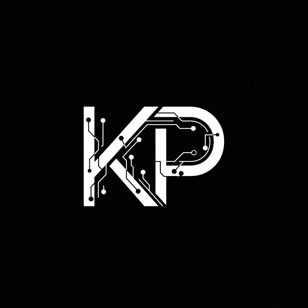 AI Design for Design a premium personal logo using the initials "KP" for Kavin Prashad. Minimalist monogram style, clean geometric lines, subtle AI and machine learning inspiration, modern tech aesthetic, professional and timeless, suitable for GitHub, portfolio website, LinkedIn, and resume branding. Vector logo, high contrast, black and white version, centered composition, elegant and memorable.with a black background and text in white