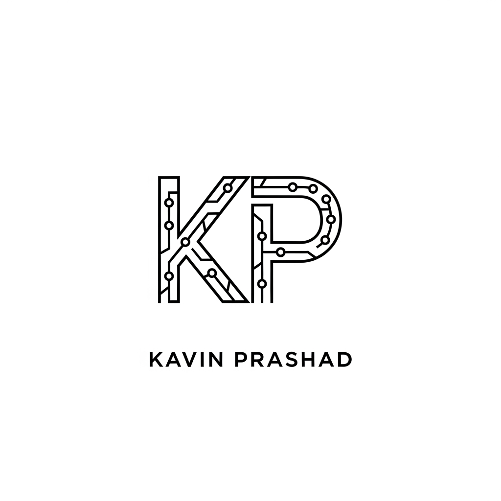 AI Design for Design a premium personal logo using the initials "KP" for Kavin Prashad. Minimalist monogram style, clean geometric lines, subtle AI and machine learning inspiration, modern tech aesthetic, professional and timeless, suitable for GitHub, portfolio website, LinkedIn, and resume branding. Vector logo, high contrast, black and white version, centered composition, elegant and memorable.