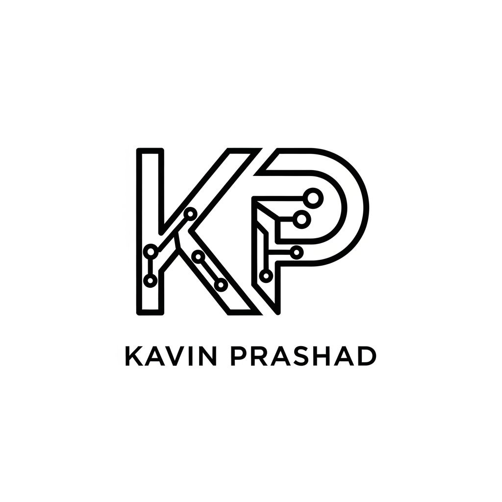AI Design for Design a premium personal logo using the initials "KP" for Kavin Prashad. Minimalist monogram style, clean geometric lines, subtle AI and machine learning inspiration, modern tech aesthetic, professional and timeless, suitable for GitHub, portfolio website, LinkedIn, and resume branding. Vector logo, high contrast, black and white version, centered composition, elegant and memorable.