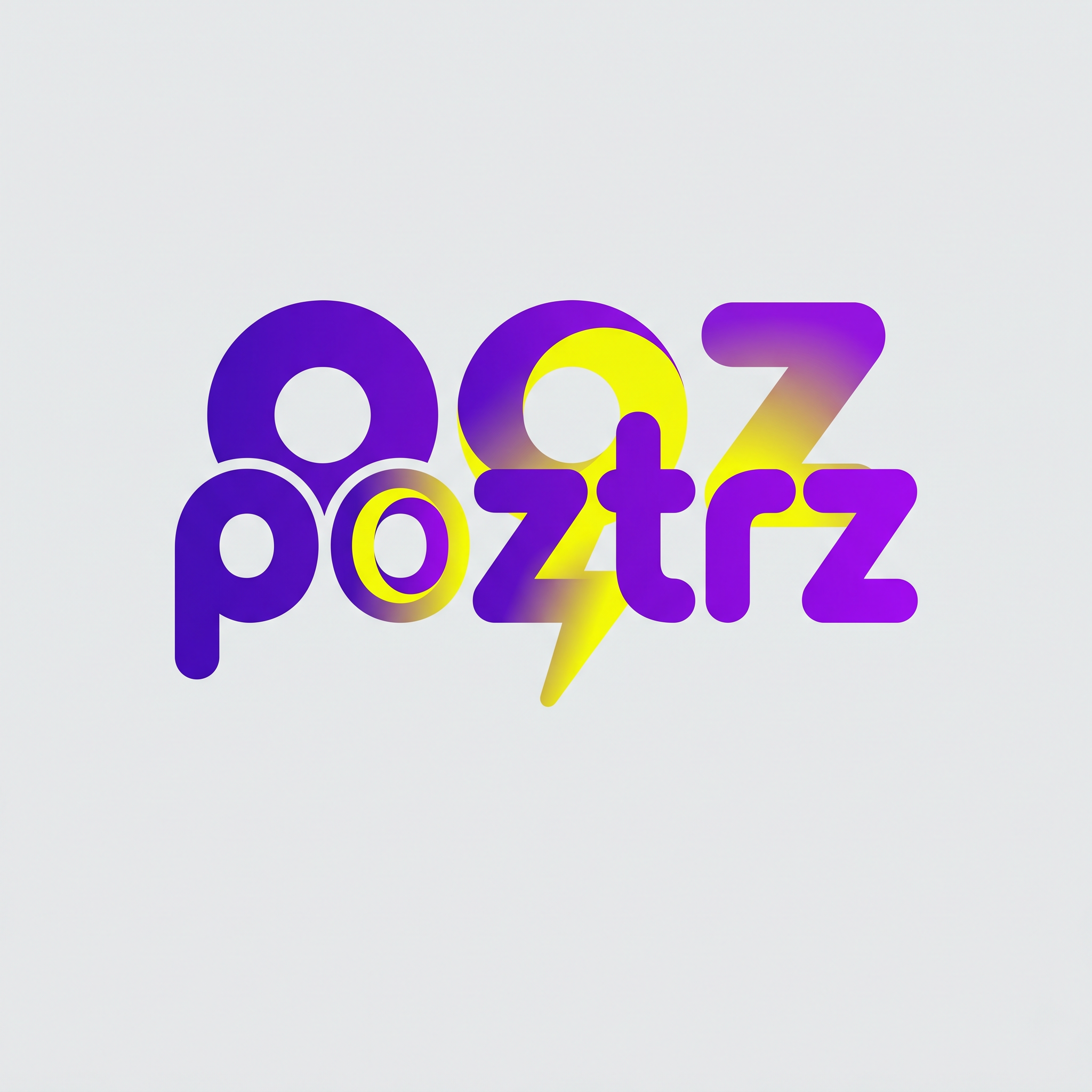 AI Design for A minimalist, eye-catching logo design for the word 'poztrz', featuring a sleek and modern Gen Z aesthetic. The typography uses a bold, custom sans-serif font with rounded, playful edges, rendered in a vibrant color palette of royal purple and electric yellow. The composition is clean and balanced, set against a solid neutral background to emphasize the unique, stylized letterforms.