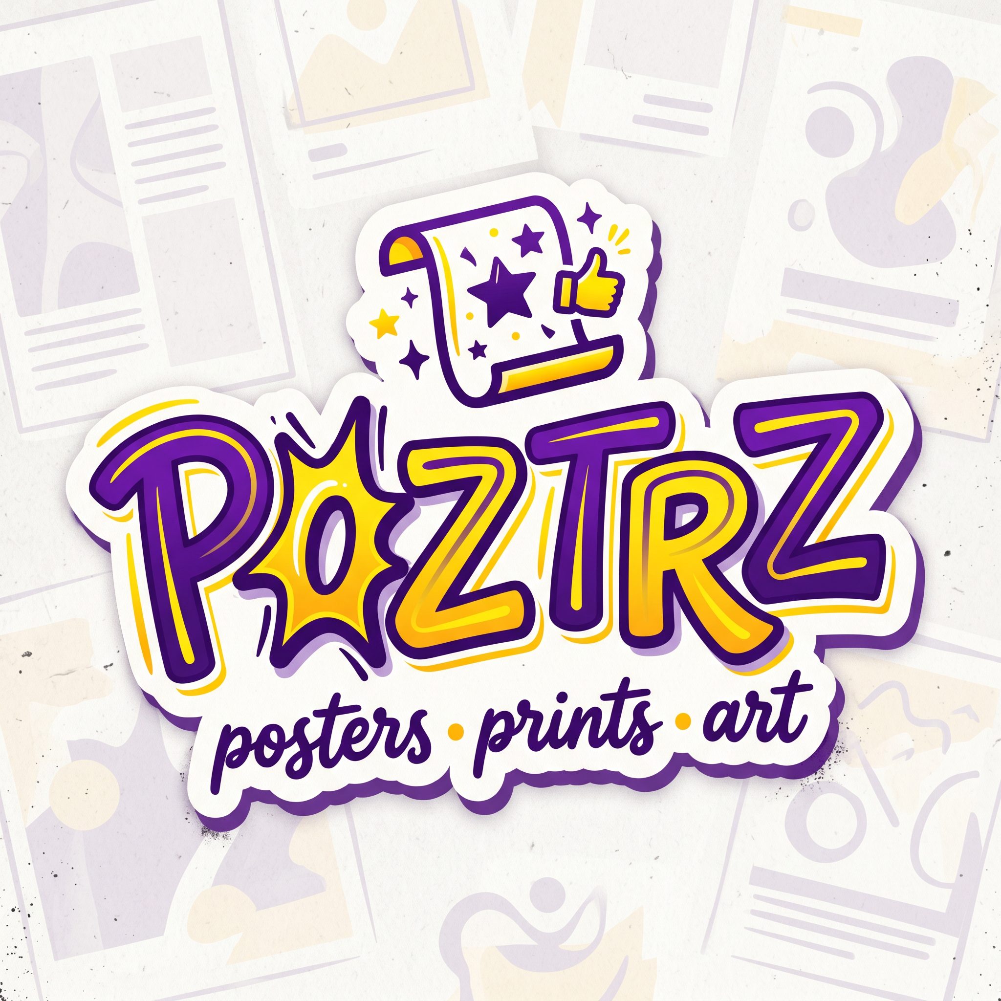AI Design for create a logo for the word poztrz which describes posters , which must be eye catching with purple and yellow, with new genz lovable fontz.. making it unique