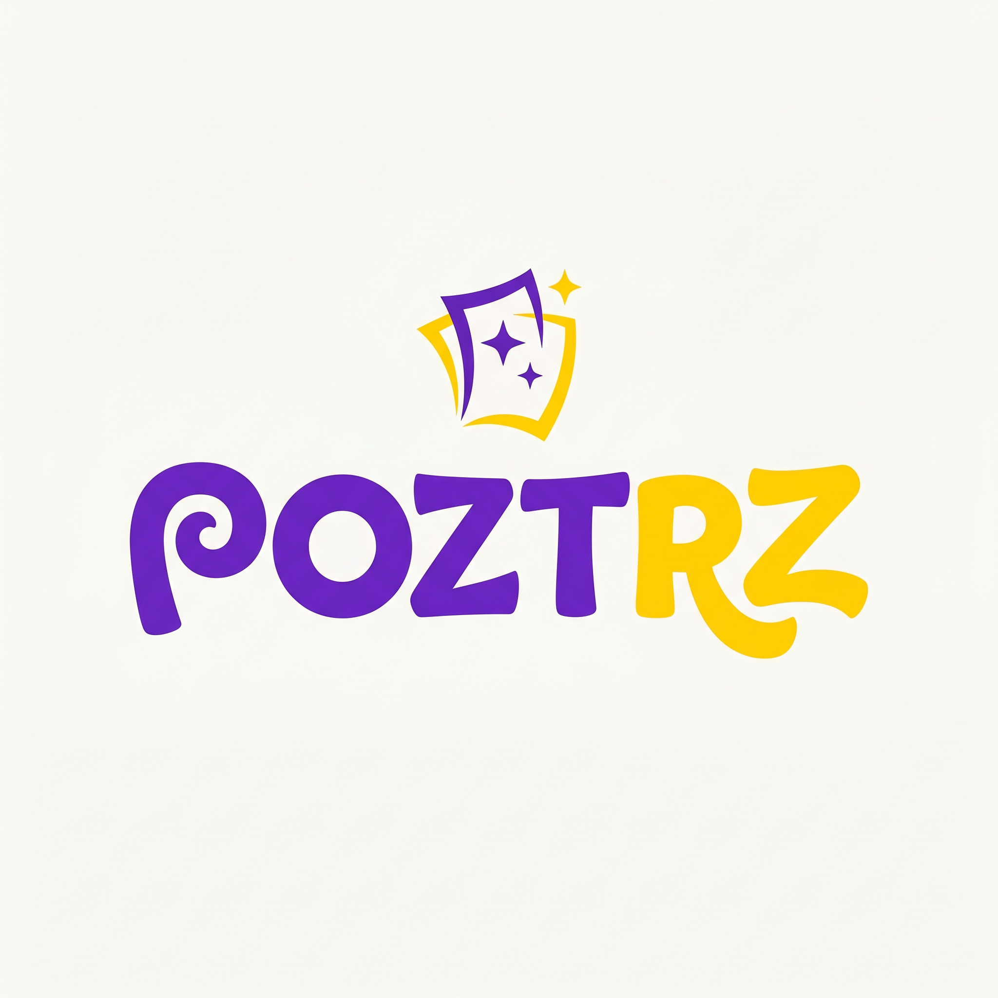 AI Design for create a logo for the word poztrz which describes posters , which must be eye catching with purple and yellow, with new genz lovable fontz.. making it unique and must beminimal