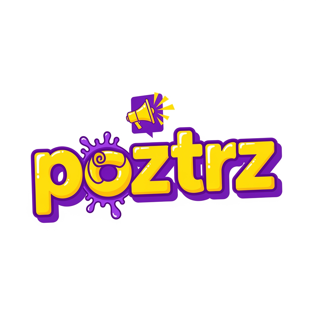 AI Design for create a logo for the word poztrz which describes posters , which must be eye catching with purple and yellow, with new genz lovable fontz.. making it unique