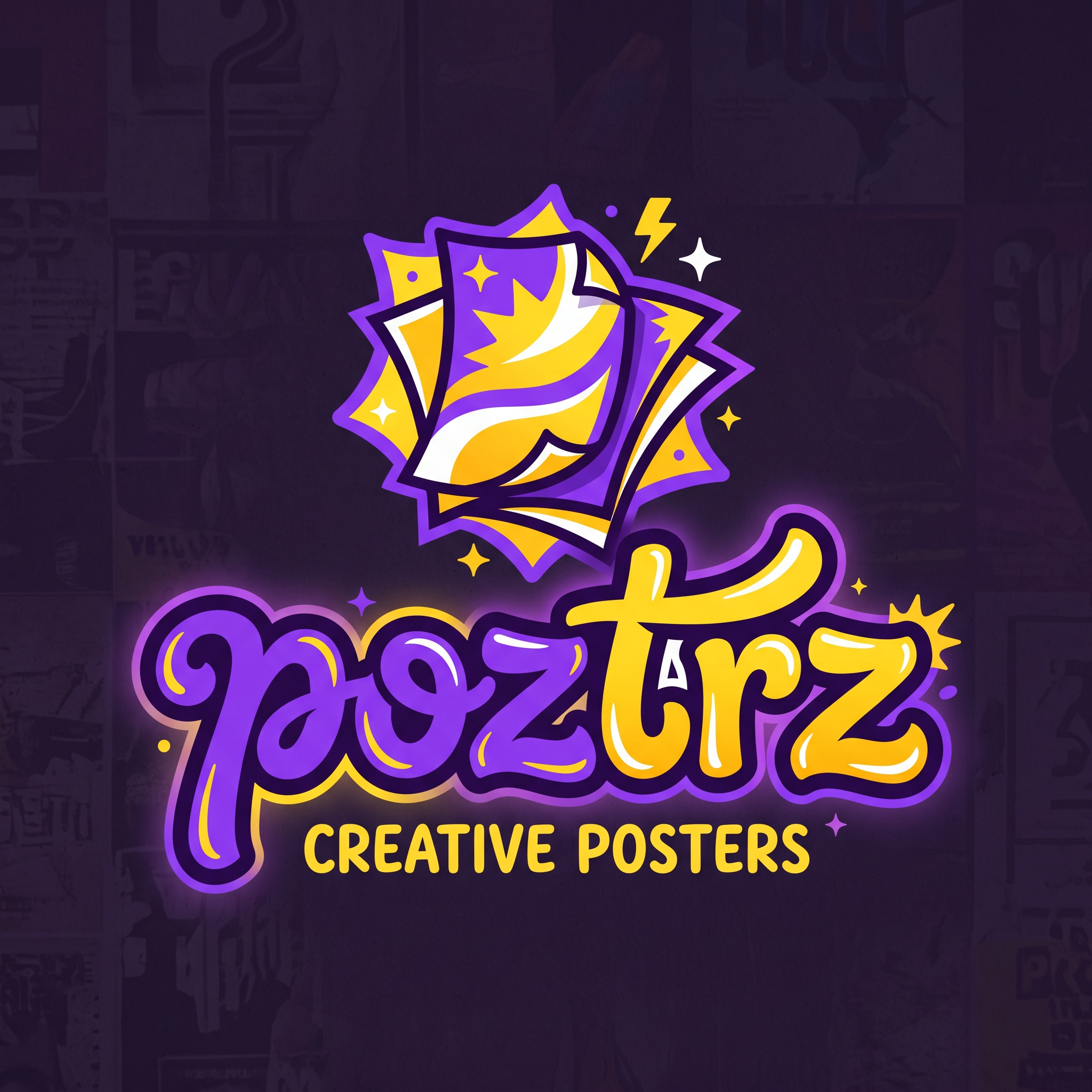 AI Design for create a logo for the word poztrz which describes posters , which must be eye catching with purple and yellow, with new genz lovable fontz.. making it unique