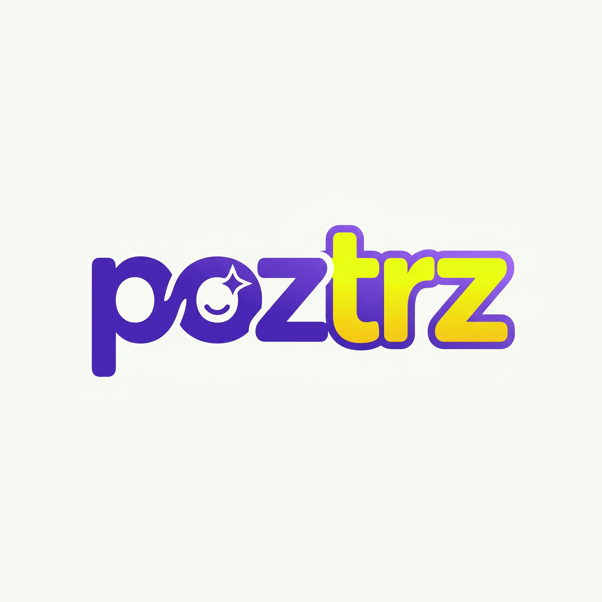 AI Design for A minimalist, eye-catching logo design for the word 'poztrz', featuring a sleek and modern Gen Z aesthetic. The typography uses a bold, custom sans-serif font with rounded, playful edges, rendered in a vibrant color palette of royal purple and electric yellow. The composition is clean and balanced, set against a solid neutral background to emphasize the unique, stylized letterforms.