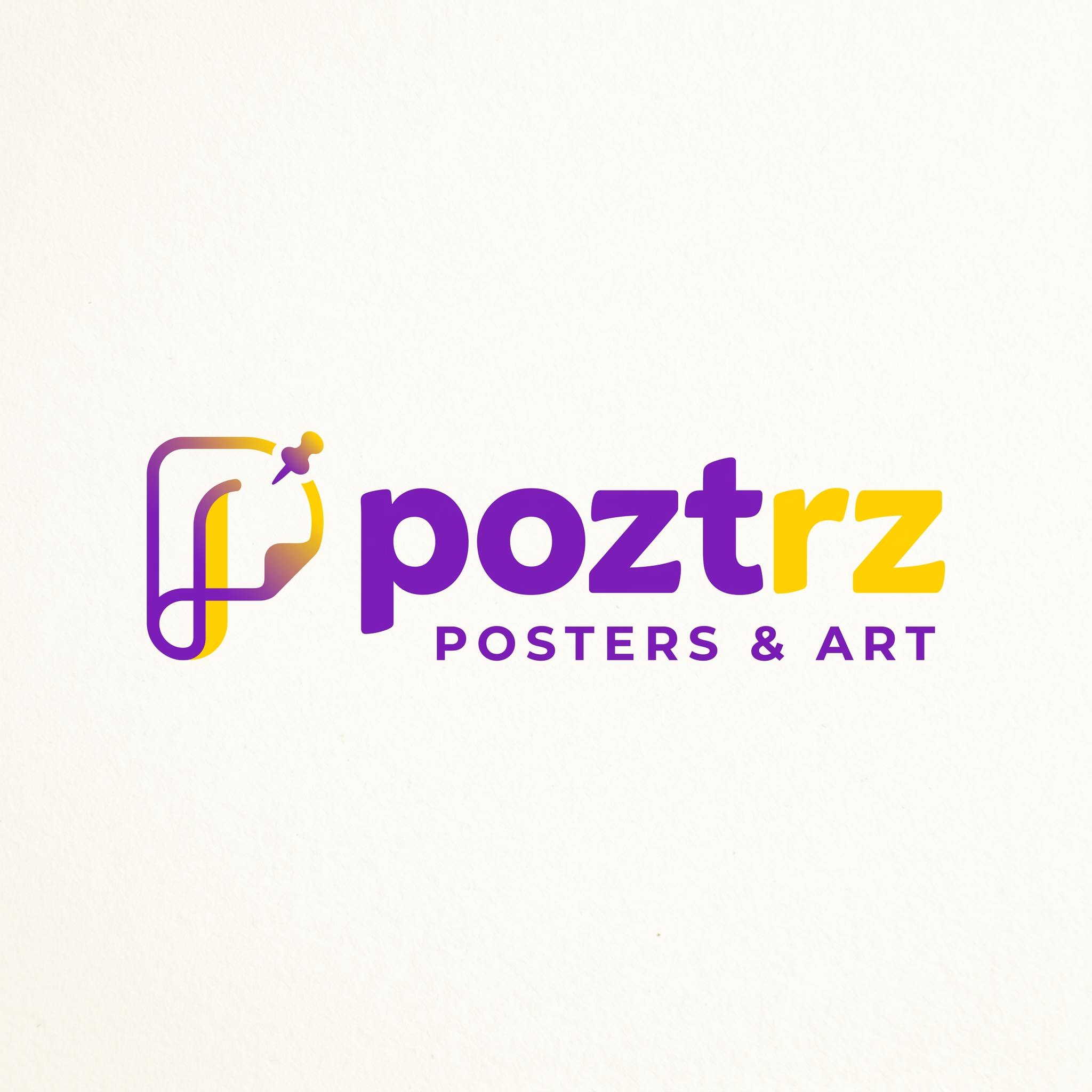 AI Design for create a logo for the word poztrz which describes posters , which must be eye catching with purple and yellow, with new genz lovable fontz.. making it unique and must beminimal