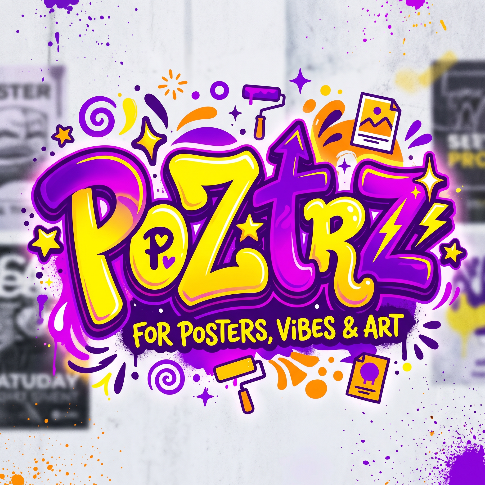 AI Design for create a logo for the word poztrz which describes posters , which must be eye catching with purple and yellow, with new genz lovable fontz.. making it unique