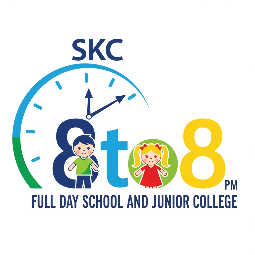 AI Design for SKC 8to8 LOGO FULL DAY SCHOOL AND JUNIOR COLLEGE. MAKE IT USING HALF CURVE CLOCK. AND USE BOY AND GIRL DOLLS INSIDE 8TO8