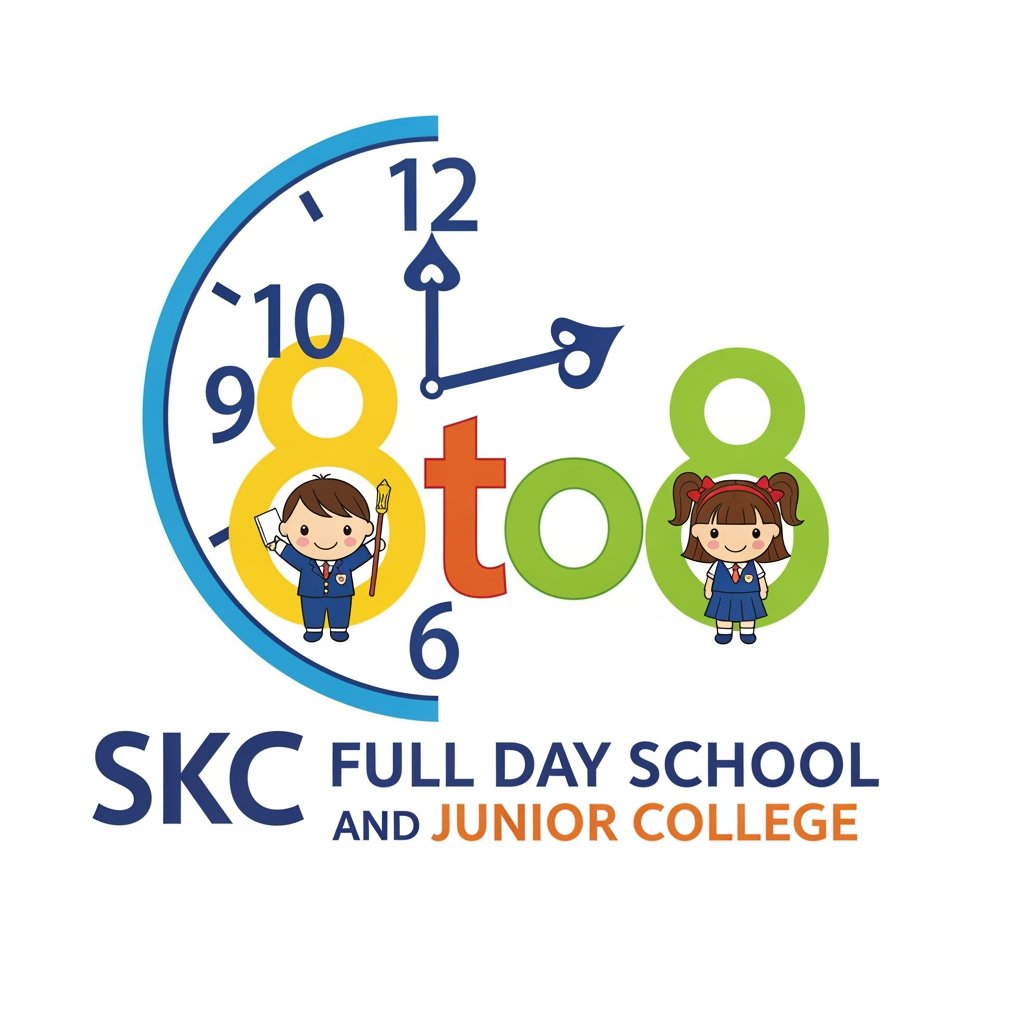 AI Design for SKC 8to8 LOGO FULL DAY SCHOOL AND JUNIOR COLLEGE. MAKE IT USING HALF CURVE CLOCK. AND USE BOY AND GIRL DOLLS INSIDE 8TO8