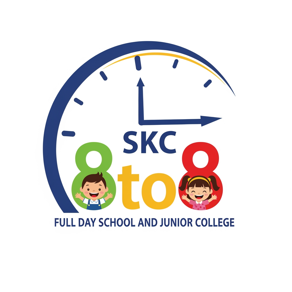 AI Design for SKC 8to8 LOGO FULL DAY SCHOOL AND JUNIOR COLLEGE. MAKE IT USING HALF CURVE CLOCK. AND USE BOY AND GIRL DOLLS INSIDE 8TO8