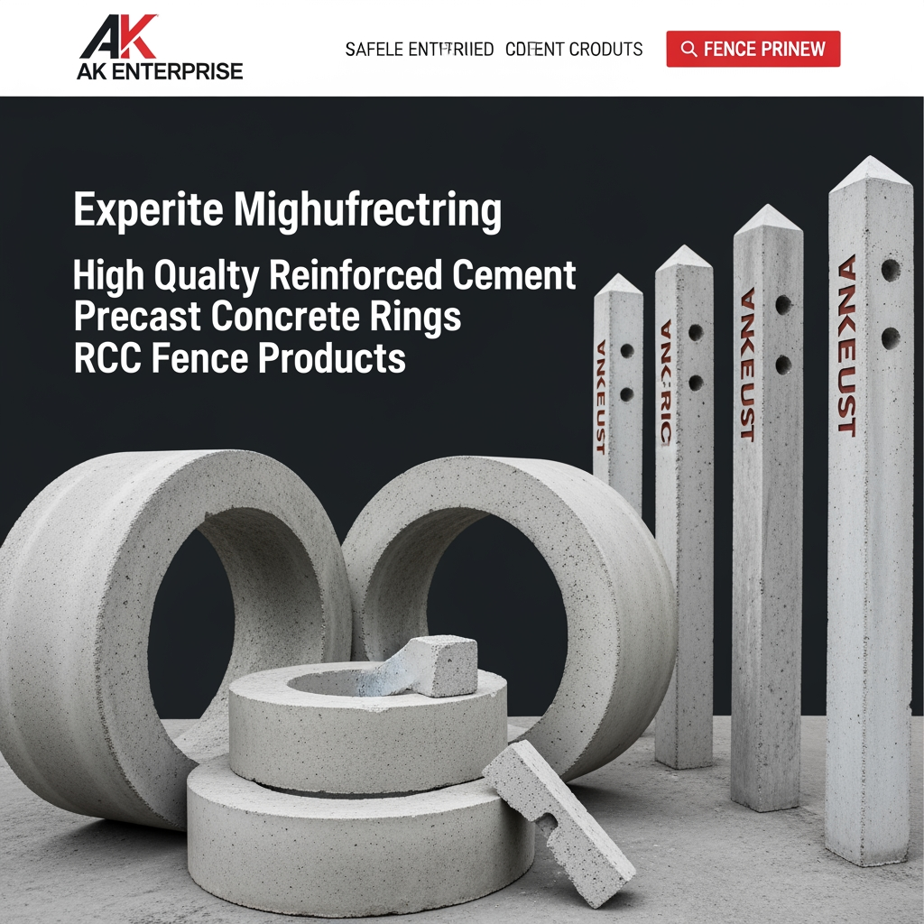 AI Design for content use in website[At AK Enterprise, we don't just manufacture concrete products—we build the reliable, long-lasting infrastructure that secures your property and supports your land. Specializing in High-Quality Reinforced Cement Concrete (RCC) products, we are the trusted partner for contractors, farmers, and developers who refuse to compromise on structural integrity.] actually we possible to do Precast Concrete Rings  Sizes:
3 Feet (Width) x 1 Foot
(Height)
4 Feet (Width) x 1 Foot (Height)
5 Feet (Width) x 1 Foot (Height)
6 Feet (Width) x 1 Foot (Height)
Precast Concrete Fence Posts  Sizes:
6 Feet (Total Length)
7 Feet (Total Length)
8 Feet (Total Length)  simple image relate to content in content relate generate                                 image unique image