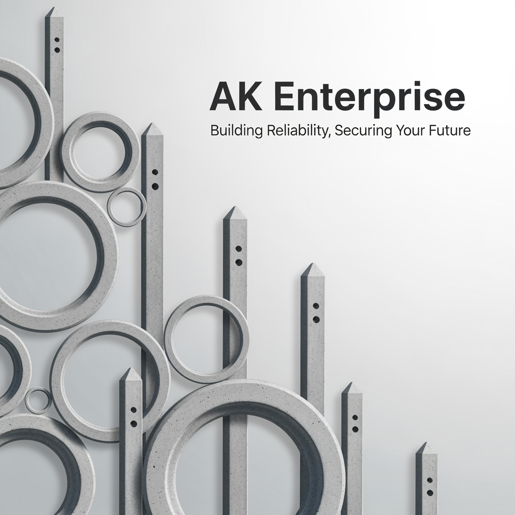 AI Design for content use in website[At AK Enterprise, we don't just manufacture concrete products—we build the reliable, long-lasting infrastructure that secures your property and supports your land. Specializing in High-Quality Reinforced Cement Concrete (RCC) products, we are the trusted partner for contractors, farmers, and developers who refuse to compromise on structural integrity.] actually we possible to do Precast Concrete Rings  Sizes:
3 Feet (Width) x 1 Foot
(Height)
4 Feet (Width) x 1 Foot (Height)
5 Feet (Width) x 1 Foot (Height)
6 Feet (Width) x 1 Foot (Height)
Precast Concrete Fence Posts  Sizes:
6 Feet (Total Length)
7 Feet (Total Length)
8 Feet (Total Length)  this content dont mention in image use as image simple image relate to content in content relate generate                                 image unique image no need content