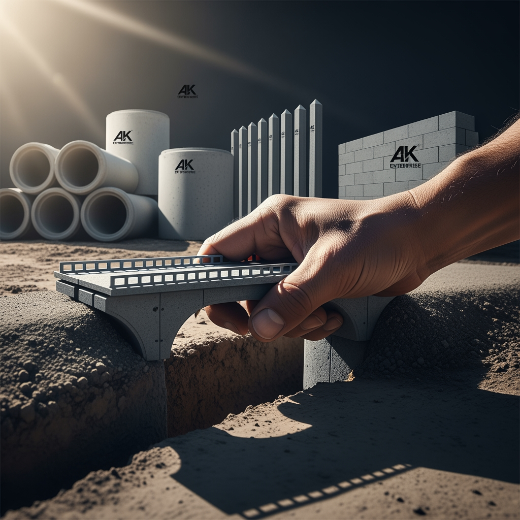 AI Design for [At AK Enterprise, we don't just manufacture concrete products—we build the reliable, long-lasting infrastructure that secures your property and supports your land. Specializing in High-Quality Reinforced Cement Concrete (RCC) products, we are the trusted partner for contractors, farmers, and developers who refuse to compromise on structural integrity.] simple image more relate to content in content relate generate image unique image